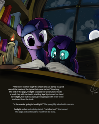 Size: 1600x2000 | Tagged: safe, artist:valcron, twilight sparkle, oc, oc:nyx, fanfic:past sins, book, candle, moon, reading, window