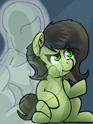 Size: 768x1024 | Tagged: safe, artist:naked drawfag, oc, oc only, oc:anon, oc:anon filly, human, female, filly, raised eyebrow, raised hoof, sitting, thumbs up