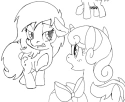 Size: 900x734 | Tagged: safe, artist:traditionaldrawfaglvl1, apple bloom, scootaloo, sweetie belle, oc, oc:anon filly, cutie mark crusaders, female, filly, floppy ears, gritted teeth, lewd, lidded eyes, monochrome, open mouth, raised hoof