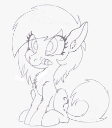 Size: 617x700 | Tagged: safe, artist:traditionaldrawfaglvl1, oc, oc only, oc:anon filly, crayon, cute, ear fluff, female, filly, fluffy, lineart, monochrome, mouth hold, sitting, smiling, solo
