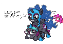 Size: 2238x1564 | Tagged: safe, artist:darkone10, nightmare moon, oc, oc:nyx, cute, derp, filly, frown, glare, grin, gritted teeth, nightmare woon, scared, simple background, smiling, transparent background