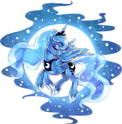 Size: 663x675 | Tagged: dead source, safe, artist:feyrah, princess luna, alicorn, pony, backlighting, colored pencil drawing, eyes closed, full moon, head turn, mid-flight, moon, simple background, smiling, solo, spread wings, traditional art, transparent background, wings