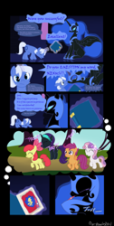 Size: 918x1824 | Tagged: safe, artist:dotrook, apple bloom, scootaloo, sweetie belle, oc, oc:nyx, oc:spell nexus, fanfic:past sins, armor, book, cape, clothes, cmc cape, comic, crying, cutie mark crusaders, feels, hairband, headband, kazoo, memories, musical instrument, night stone castle, nightmare eyes, nightmare nyx, no cutie marks yet, sad, two sides, vest