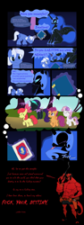 Size: 912x2430 | Tagged: safe, artist:dotrook, apple bloom, nightmare moon, scootaloo, sweetie belle, oc, oc:nyx, oc:spell nexus, fanfic:past sins, armor, book, cape, clothes, cmc cape, comic, crying, cutie mark crusaders, hairband, headband, hellboy, kazoo, language, memories, musical instrument, night stone castle, nightmare nyx, no cutie marks yet, two sides, vest