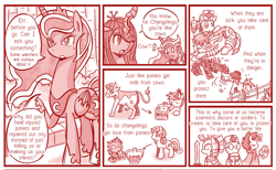 Size: 800x494 | Tagged: safe, artist:vavacung, button mash, princess luna, queen chrysalis, sweetie belle, alicorn, changeling, changeling queen, dragon, pony, comic:when villain win, alternate universe, comic, interspecies, monochrome, shipping