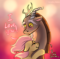 Size: 1906x1865 | Tagged: safe, artist:cornelia_nelson, discord, fluttershy, pegasus, pony, abstract background, blushing, crying, cute, dialogue, discoshy, discute, eyes closed, female, happy birthday mlp:fim, hug, i love you, male, mlp fim's ninth anniversary, shipping, shyabetes, sketch, smiling, straight, teary eyes, text