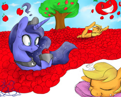 Size: 900x720 | Tagged: safe, artist:aquaticsun, applejack, princess luna, alicorn, earth pony, pony, apple, dream, dream walker luna, kallisti, pile, swimming, that pony sure does love apples