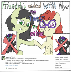 Size: 720x724 | Tagged: safe, artist:happy harvey, twist, oc, oc:anon, oc:anon filly, oc:nyx, alicorn, earth pony, pony, alicorn oc, blushing, comic sans, drawn on phone, engrish, facebook, female, filly, glasses, hate, hoofbump, mare, rejection, smiling, text, vulgar, wingding eyes