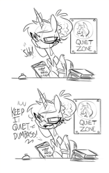 Size: 800x1271 | Tagged: safe, artist:herny, princess luna, alicorn, pony, book, glasses, librarian, monochrome, reading, sketch, solo, vulgar, yelling