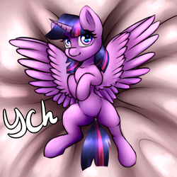 Size: 3000x3000 | Tagged: safe, artist:cornelia_nelson, twilight sparkle, twilight sparkle (alicorn), alicorn, pony, advertisement, commission, smiling, solo, spread legs, spread wings, spreading, wings, your character here