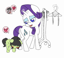 Size: 687x624 | Tagged: safe, artist:happy harvey, rarity, oc, oc:anon, oc:anon filly, pony, unicorn, bedroom eyes, blushing, clothes, clothes hanger, colt, drawn on phone, embarrassed, female, filly, heart, lingerie, makeover, male, mare, plot, rule 63, underwear