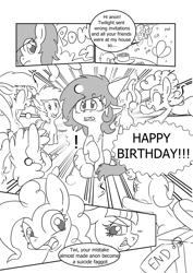 Size: 1735x2456 | Tagged: safe, artist:traditionaldrawfaglvl1, pinkie pie, twilight sparkle, oc, oc:anon, oc:anon filly, earth pony, pony, /mlp/, birthday, comic, dialogue, female, filly, monochrome, vulgar