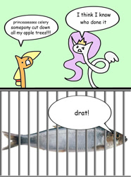 Size: 600x805 | Tagged: safe, artist:wollap, applejack, princess celestia, alicorn, earth pony, fish, pony, comic, herring, jail, not salmon, princess celery, stylistic suck, that's totally a salmon, wat