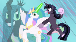 Size: 1280x720 | Tagged: safe, artist:advanceddefense, princess celestia, queen chrysalis, twilight sparkle, alicorn, changeling, changeling queen, pony, twilight unbound, werelight shine