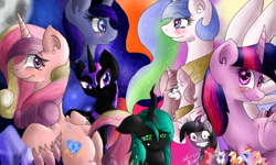 Size: 800x480 | Tagged: safe, artist:artzy-shy, applejack, fluttershy, nightmare moon, pinkie pie, princess cadance, princess celestia, princess luna, queen chrysalis, rainbow dash, rarity, twilight sparkle, twilight sparkle (alicorn), alicorn, changeling, changeling queen, earth pony, pegasus, pony, unicorn, female, mane six, mare, pointy ponies, twilight snapple