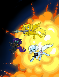 Size: 2032x2631 | Tagged: safe, artist:sleepykoinu, oc, oc only, oc:nyx, oc:ticket, oc:tracy cage, alicorn, pony, alicorn oc, cool guys don't look at explosions, explosion, weapon