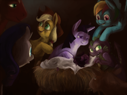 Size: 1280x960 | Tagged: safe, artist:spectralunicorn, applejack, big macintosh, rainbow dash, rarity, spike, twilight sparkle, oc, oc:nyx, dragon, earth pony, pegasus, pony, unicorn, christmas, faic, male, merry nyxmas, newborn, scene parody, stallion