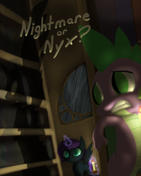 Size: 1000x1250 | Tagged: safe, artist:valcron, nightmare moon, spike, oc, oc:nyx, dragon, fanfic:nightmare or nyx?, fanfic:past sins, brother and sister, candle, cover, dark, dark room, duo, duo male and female, ethereal mane, fanfic, fanfic cover, female, fimfiction, glowing horn, golden oaks library, gritted teeth, male, rain, shadow, siblings, slit eyes, spread wings, two sides