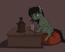 Size: 984x784 | Tagged: safe, artist:sevenpaperplates, oc, oc only, oc:anon filly, earth pony, pony, alcohol, bean bag chair, bored, drinking, drinking straw, female, filly, lidded eyes, sitting, solo