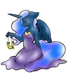 Size: 426x458 | Tagged: safe, artist:bunnycat, princess luna, alicorn, anthro, clothes, dress, magic, moon, simple background, solo