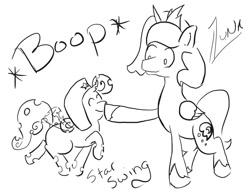 Size: 1017x786 | Tagged: safe, artist:eggrole7, princess luna, oc, oc:star swing, alicorn, changeling, pony, boop, eyes closed, hat, monochrome, raised hoof, raised leg, smiling, ushanka