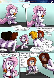 Size: 1276x1847 | Tagged: safe, artist:shieltar, philomena, princess celestia, oc, oc:grace harmony, human, comic:birth of equestria, cewestia, comic, cute, cutelestia, dialogue, filly, younger