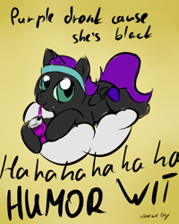 Size: 514x643 | Tagged: safe, edit, oc, oc only, oc:nyx, alicorn, pony, alicorn oc, black, cloud, drinking, lord niggertron approves, prone, purple drank, smiling, solo