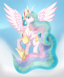 Size: 3944x4776 | Tagged: safe, artist:auveiss, princess celestia, alicorn, pony, cloud, cloudy, fluffy, looking at you, sky, solo