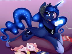 Size: 1600x1200 | Tagged: safe, artist:spittfireart, princess celestia, princess luna, alicorn, pony, cartographer's cap, controller, doll, female, game boy, gamer luna, glowing horn, hat, headset, jewelry, looking at you, lying down, magic, mare, open mouth, paper hat, plushie, pocky, regalia, smiling, solo, telekinesis