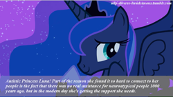 Size: 899x507 | Tagged: safe, princess luna, alicorn, pony, autism, autistic luna, diverse-mlp-headcanons, headcanon, neurodivergent headcanon, solo, text, wat