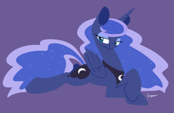 Size: 1280x837 | Tagged: safe, artist:sion, princess luna, alicorn, pony, prone, simple background, solo