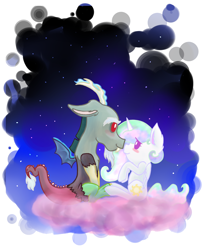 Size: 1750x2150 | Tagged: safe, artist:psychotwi, discord, princess celestia, alicorn, pony, chibi, dislestia, female, male, shipping, straight