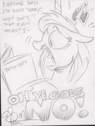 Size: 577x763 | Tagged: safe, artist:andypriceart, princess luna, alicorn, pony, dialogue, dictionary, floppy ears, meta, monochrome, open mouth, plewds, screaming, sketch, solo, sweat, tongue out, traditional art, waifu, waifu shaming, wide eyes, word of price