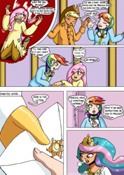 Size: 752x1063 | Tagged: safe, artist:chaoticyume, applejack, fluttershy, princess celestia, rainbow dash, human, comic, humanized, letter, light skin