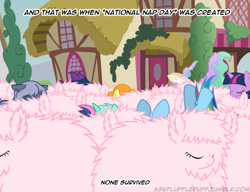 Size: 650x500 | Tagged: safe, artist:mixermike622, bon bon, carrot top, golden harvest, lyra heartstrings, mare do well, princess celestia, rainbow dash, sweetie drops, oc, oc:fluffle puff, alicorn, pegasus, pony, clones, mirror pool, multeity, nap, sleeping, tumblr:ask fluffle puff, xk-class end-of-the-world scenario