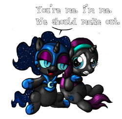 Size: 1592x1554 | Tagged: safe, artist:darkone10, nightmare moon, oc, oc:nyx, almost selfcest, cute, filly, nightmare woon