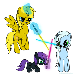 Size: 1024x1024 | Tagged: safe, artist:zomgitsalaura, oc, oc only, oc:nyx, oc:ticket, oc:tracy cage, alicorn, pony, alicorn oc, lightsaber, simple background, star wars, transparent background