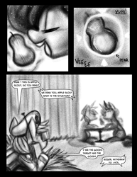 Size: 2975x3850 | Tagged: safe, artist:fauxsquared, applejack, princess luna, alicorn, earth pony, pony, apple, comic, monochrome, pear, pearjack