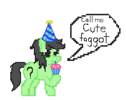 Size: 3000x2400 | Tagged: safe, artist:awesometheweirdo, oc, oc only, oc:anon, oc:anon filly, crossover, cupcake, cutie mark, female, filly, five nights at freddy's, food, hat, party hat, pixel art, solo, vulgar