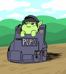 Size: 1000x1112 | Tagged: safe, artist:happy harvey, oc, oc only, oc:anon, oc:anon filly, earth pony, pony, badge, baton, bulletproof vest, clothes, cloud, colored, drawn on phone, female, filly, hat, hill, lip bite, name tag, pepper spray, police, police officer, police uniform, radio, road, solo, vest