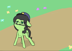 Size: 1000x712 | Tagged: safe, artist:happy harvey, oc, oc only, oc:anon, oc:anon filly, baton, chest fluff, cutie mark, drawn on phone, female, filly, floppy ears, flower, grass, hat, police, road, solo