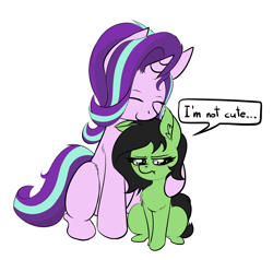 Size: 2014x1919 | Tagged: safe, artist:duop-qoub, starlight glimmer, oc, oc:anon filly, earth pony, pony, unicorn, :t, adoranon, blatant lies, blushing, chest fluff, cute, ear fluff, eyes closed, female, filly, foal, hug, i'm not cute, mare, simple background, sitting, smiling, speech bubble, white background