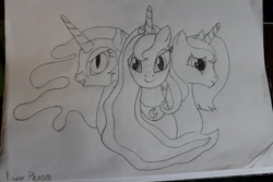 Size: 5184x3456 | Tagged: safe, artist:eillahwolf, nightmare moon, princess luna, alicorn, pony, lunar trinity, monochrome, s1 luna, traditional art