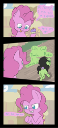 Size: 1286x2828 | Tagged: safe, artist:happy harvey, pinkie pie, oc, oc:anon, oc:anon filly, earth pony, pony, cherry, cloud, colored, comic, cupcake, dastardly, dialogue, dirt, dock, drawn on phone, evil, evil grin, evil laugh, evil pinkie pie, featureless crotch, female, filly, food, grass, grin, looking back, looking down, mare, mischievous, rear view, road, smiling, this will end in death, this will end in pain, this will end in tears, this will end in tears and/or death, this will not end well, town, trotting