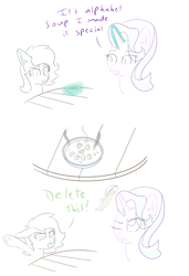 Size: 1400x2050 | Tagged: safe, starlight glimmer, oc, oc:anon, oc:anon filly, earth pony, pony, unicorn, alphabet soup, can you spare a dime?, cute, delet this, dialogue, female, filly, food, i'm not cute, levitation, magic, mare, one eye closed, open mouth, simple background, soup, spongebob squarepants, steam, telekinesis, u are cute, underhoof, white background