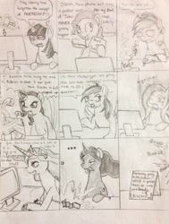 Size: 968x1280 | Tagged: safe, artist:tweetinginthewood, applejack, discord, fluttershy, pinkie pie, princess celestia, princess luna, rainbow dash, rarity, twilight sparkle, alicorn, earth pony, pegasus, pony, unicorn, computer, mane six, monochrome