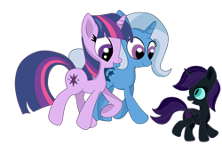 Size: 2374x1556 | Tagged: safe, artist:lilmalygos, trixie, twilight sparkle, oc, oc:nyx, fanfic:past sins, filly, walking