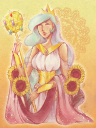 Size: 400x532 | Tagged: safe, artist:miumiuchuu, princess celestia, human, clothes, dress, elements of harmony, humanized, light skin, shawl, smiling, solo, staff, sunflower