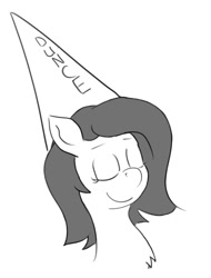 Size: 739x970 | Tagged: artist needed, source needed, safe, oc, oc only, oc:anon filly, earth pony, pony, bust, chest fluff, dunce hat, eyes closed, female, filly, grayscale, hat, monochrome, simple background, solo, white background