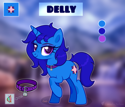 Size: 3500x3000 | Tagged: safe, artist:cornelia_nelson, oc, oc only, oc:delly, unicorn, collar, female, looking at you, mare, raised hoof, reference sheet